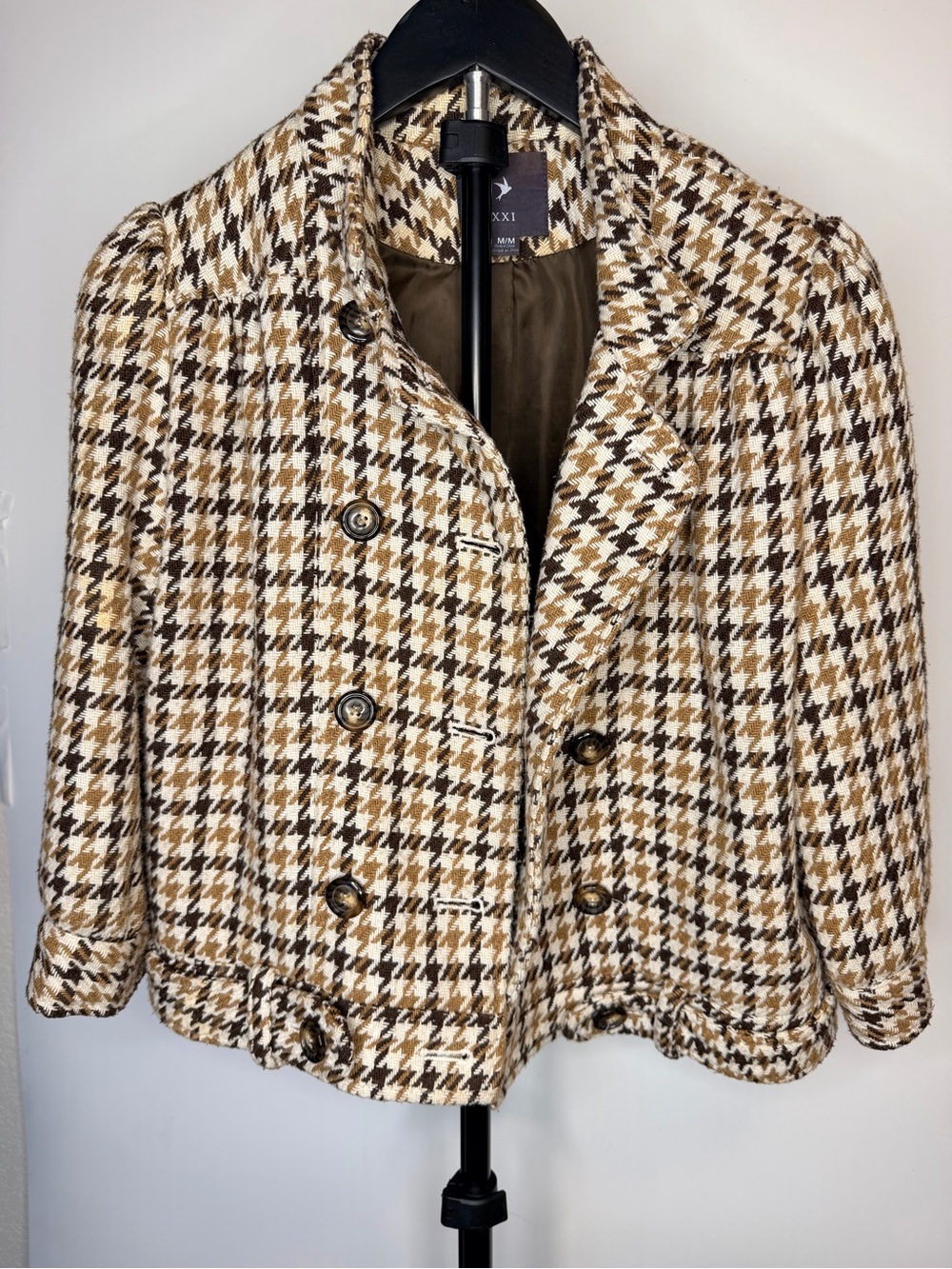 Forever 21 Cream & Brown Houndstooth Double-Breasted Blazer